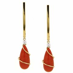Pendientes barra oro, diamante y coral rojo