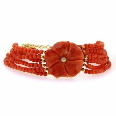 Collar choker 6 hilos coral, flor natural tallada y diamante